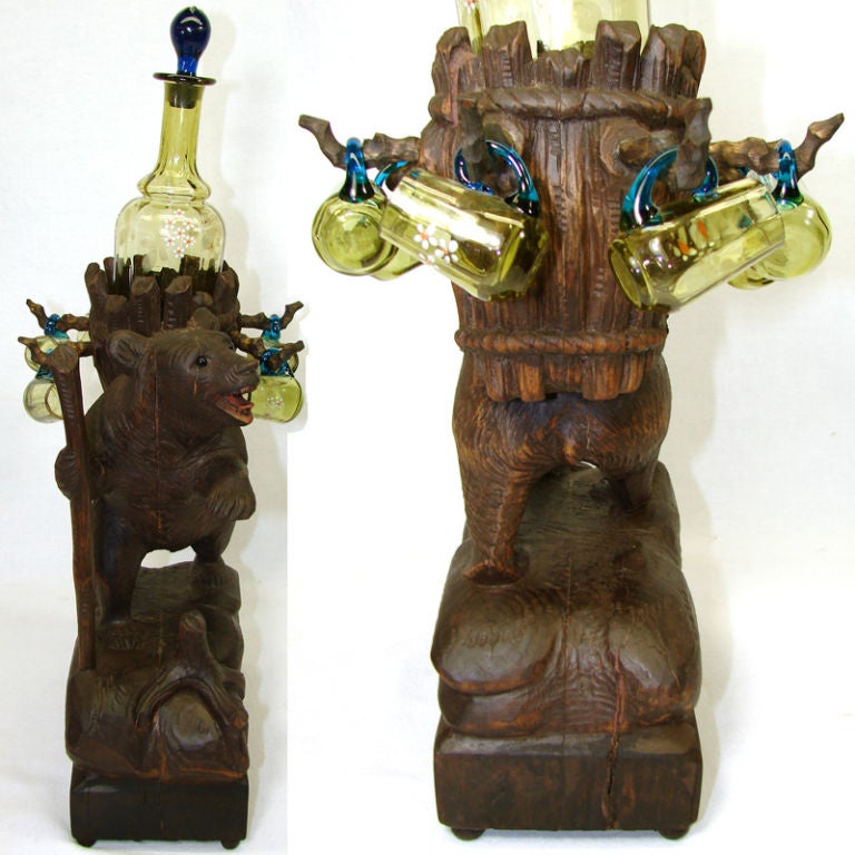 Antique Black Forest Brienz Bear Tantalus & Glassware, Bar Set 3
