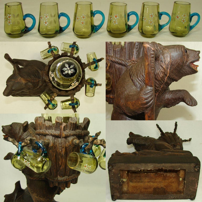 Antique Black Forest Brienz Bear Tantalus & Glassware, Bar Set 5