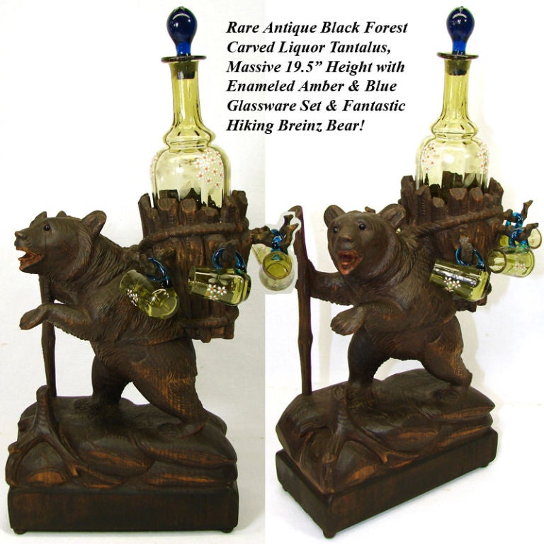 Antique Black Forest Brienz Bear Tantalus & Glassware, Bar Set 6