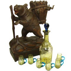 Antique Black Forest Brienz Bear Tantalus & Glassware, Bar Set