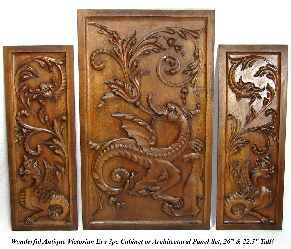 Antique Victorian Era Carved 3pc Architectural Panels, Griffin