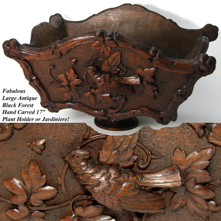 LG Antique Black Forest 17" Plant Box or Jardiniere, Bird Figure