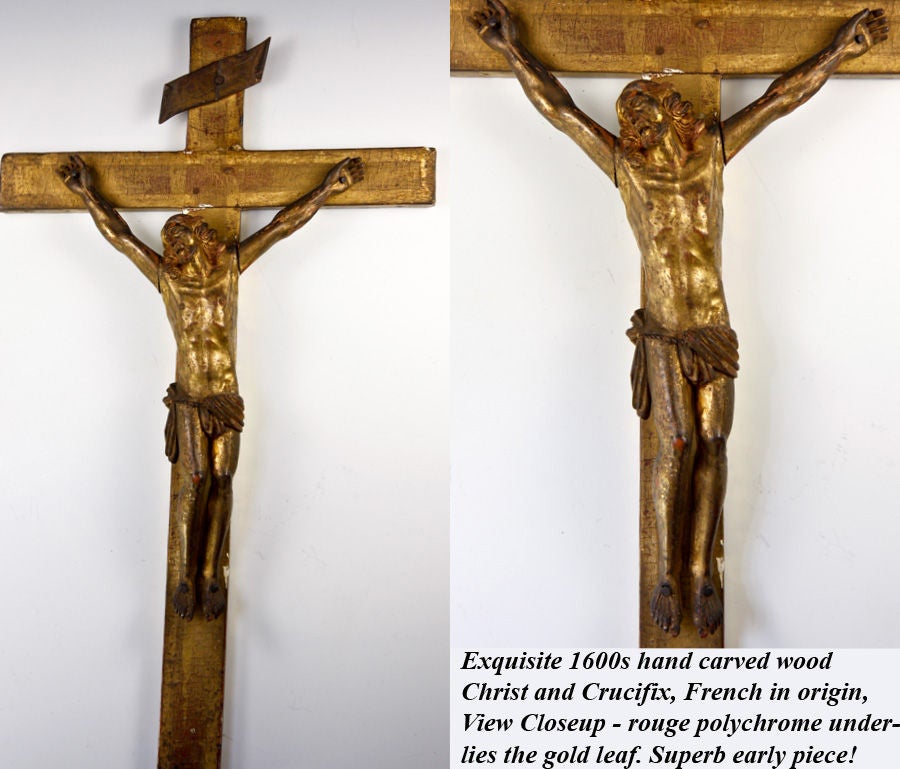18th Century and Earlier Antique French 17th Century Hand Carved Wood Christ, Crucifix