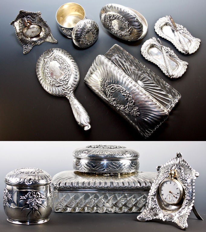 American Antique Tiffany 13p Sterling Silver Vanity Set, Jars Watch Stand