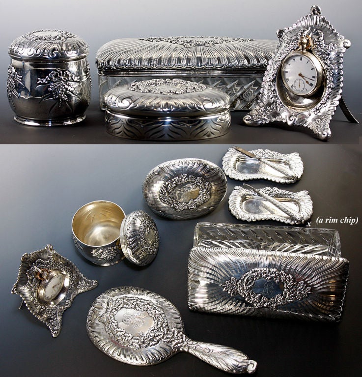 19th Century Antique Tiffany 13p Sterling Silver Vanity Set, Jars Watch Stand