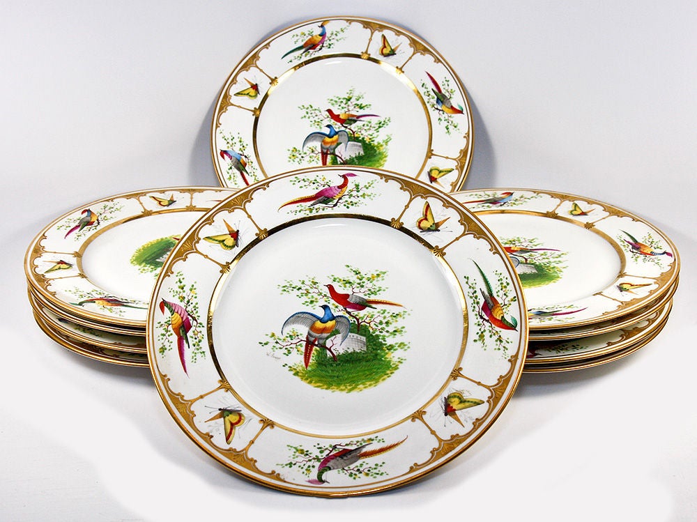 I'm usually partial to the French and English maker's plates, it's true, but this set is remarkable! A set of 10 matching but hand painted dinner plates, or chargers, over 10.5