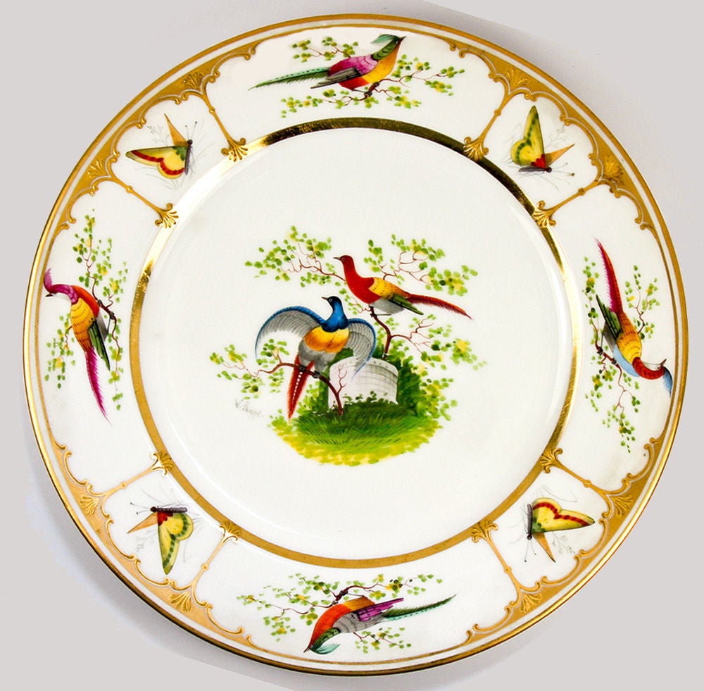 German Antique Raised Gold Dresden Dinner Plate Set: 10, Exotic Birds