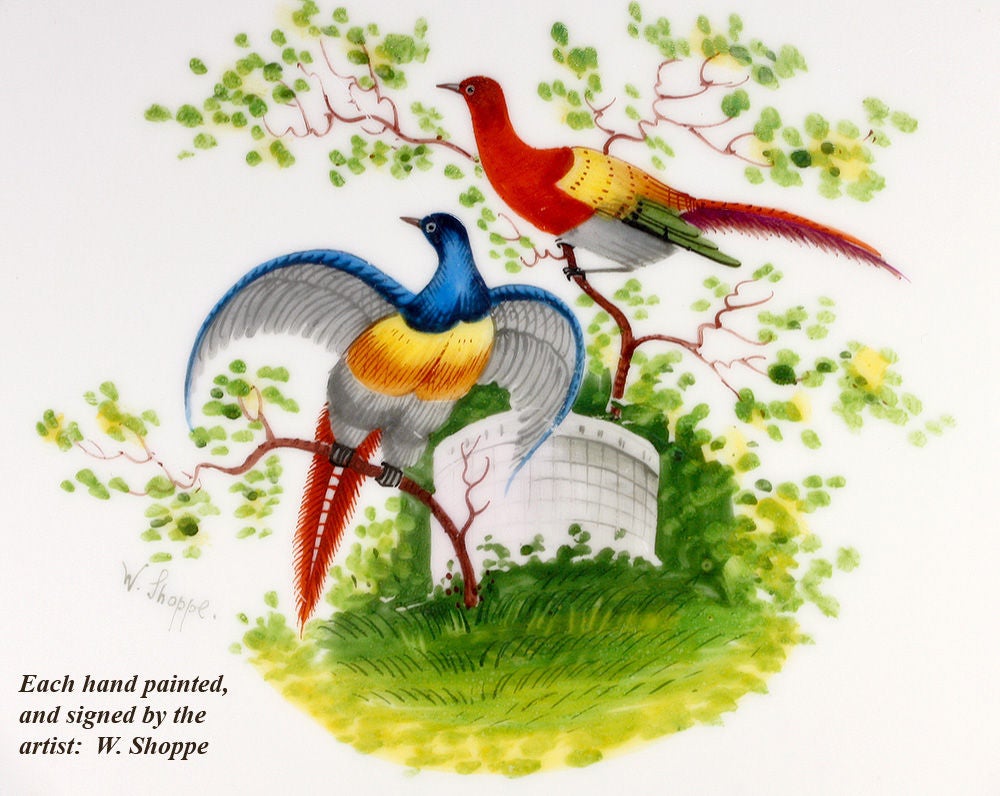 Antique Raised Gold Dresden Dinner Plate Set: 10, Exotic Birds 1