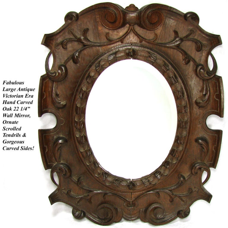Antique Victorian Era Fine Hand Carved Oak 22 1/4" Wall Mirror