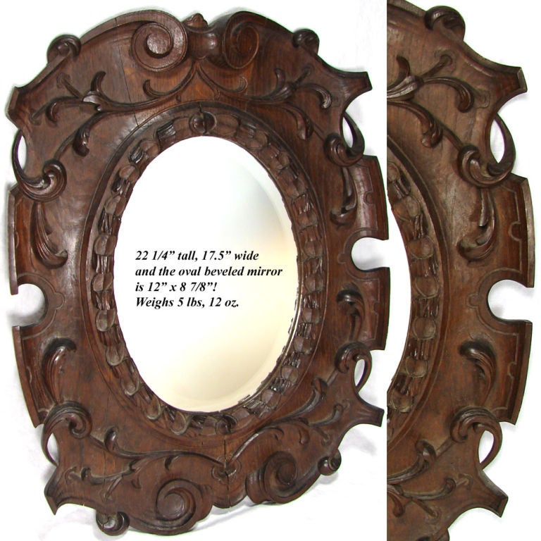 Antique Victorian Era Fine Hand Carved Oak 22 1/4" Wall Mirror For Sale