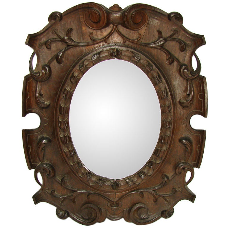 Antique Victorian Era Fine Hand Carved Oak 22 1/4" Wall Mirror For Sale