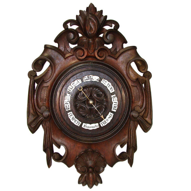 Antique Victorian Era Black Forest Carved Oak 19" Wall Barometer For Sale