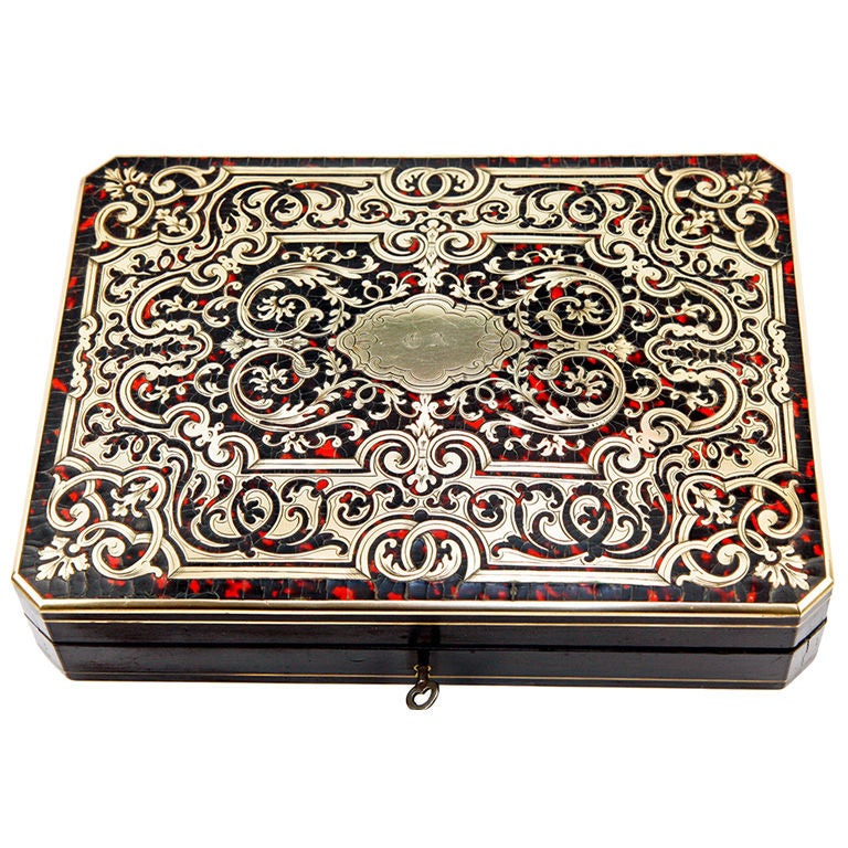 Antique French Game Box, Tortoise Shell Boulle with Ivory Chips For Sale