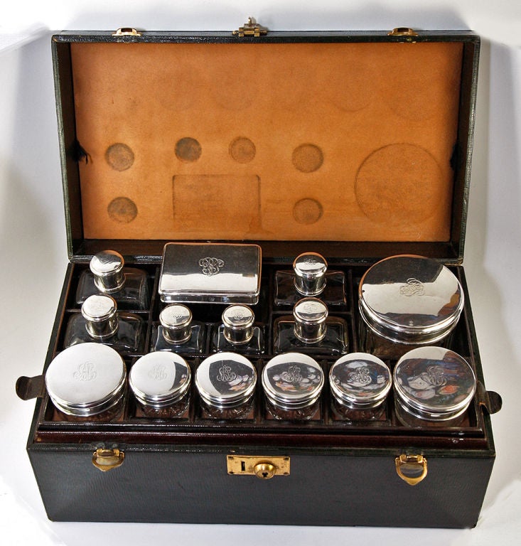 Antique French Travel Case, Bag Sterling Silver Vanity Set, 14pc