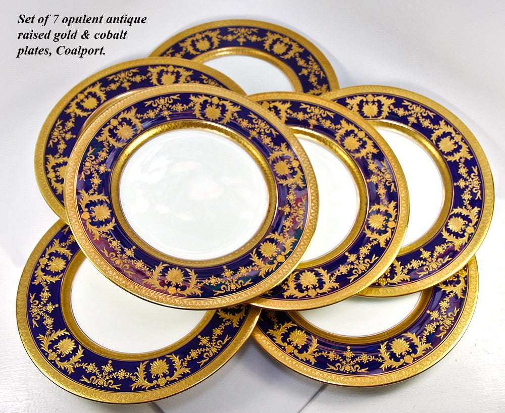 The date marks place this grouping of 7 fine old Coalport dinner plates between 1881-1891, but they appear to have been unused and are in remarkably fine condition. Would that we had 12 or 18 of them, but the 7 that remain in the set or group will