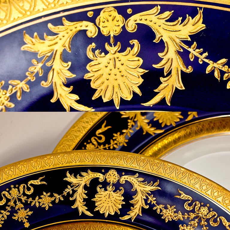 Fine Antique Coalport Dinner Plate Set, Raised Gold on Cobalt 4