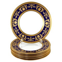 Fine Antique Coalport Dinner Plate Set, Raised Gold on Cobalt