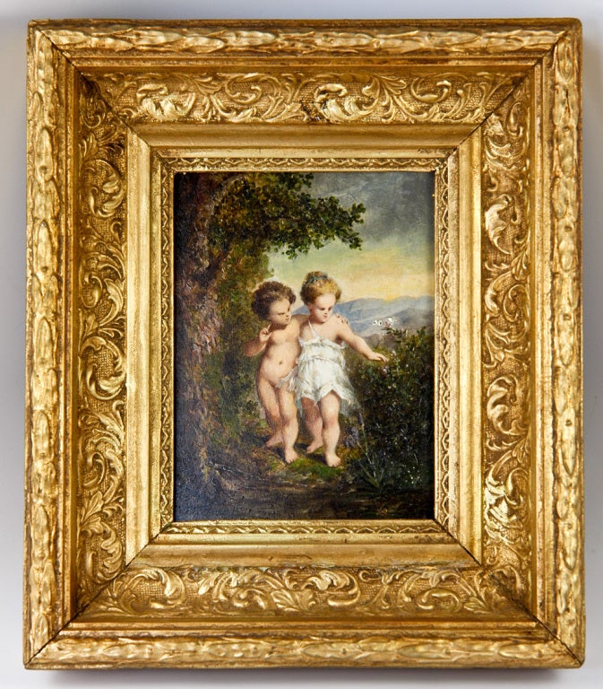 A fabulous little oil painting from the early to mid-1800s, France, this landscape with children is an instant favorite at our home and shop, and is already hanging on our walls. From the intricate detail of the iris and other blossoms to the