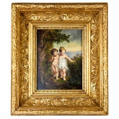 Antique French Portrait Miniature Oil Painting, Gesso Wood Frame