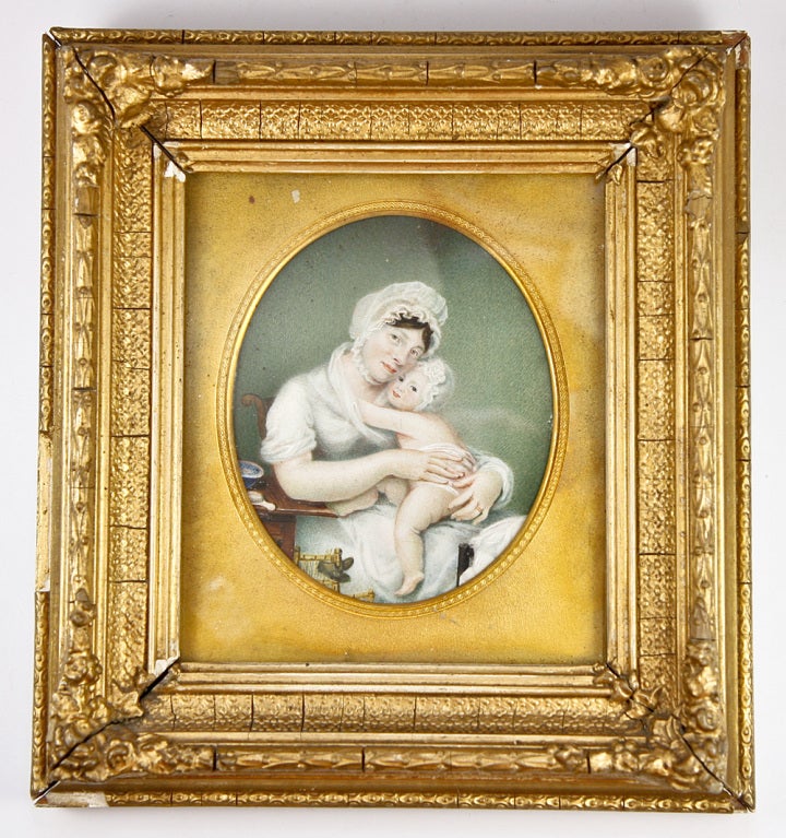 A rare 'Madonna' pose from the English Georgian era, this doting mother and her loving baby are a spectacular treat and a charming image of familial maternal love and bonding. The intimacy of gown and pose are further enhanced by the congenial