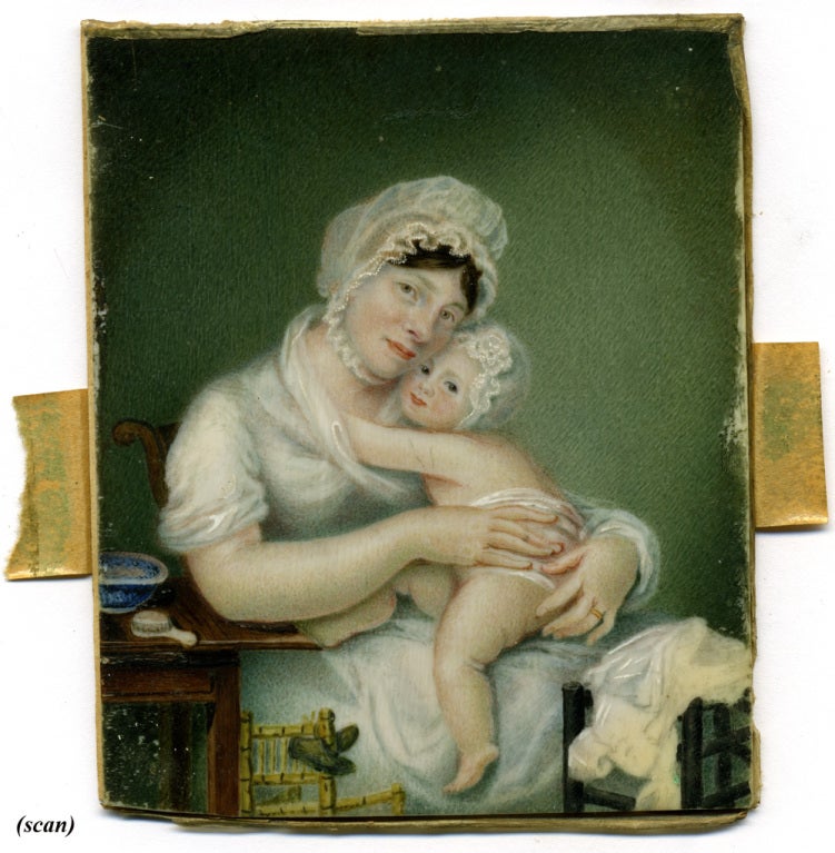 19th Century Antique Georgian English Portrait Miniature, Mother & Baby c1800