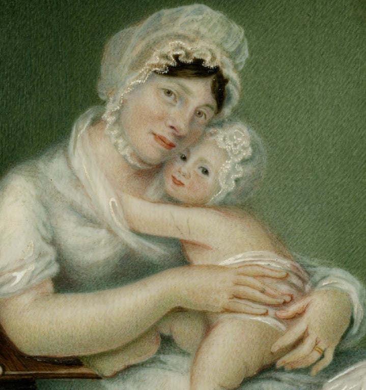 Gesso Antique Georgian English Portrait Miniature, Mother & Baby c1800