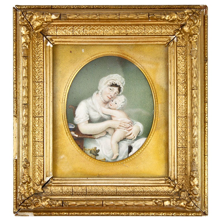 Antique Georgian English Portrait Miniature, Mother & Baby c1800