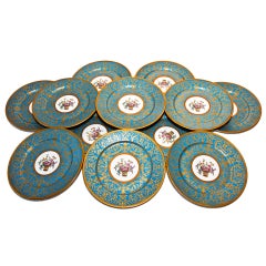 Set: 12 Guerin Limoges French 10.5" Plates, Raised Gold, Blue
