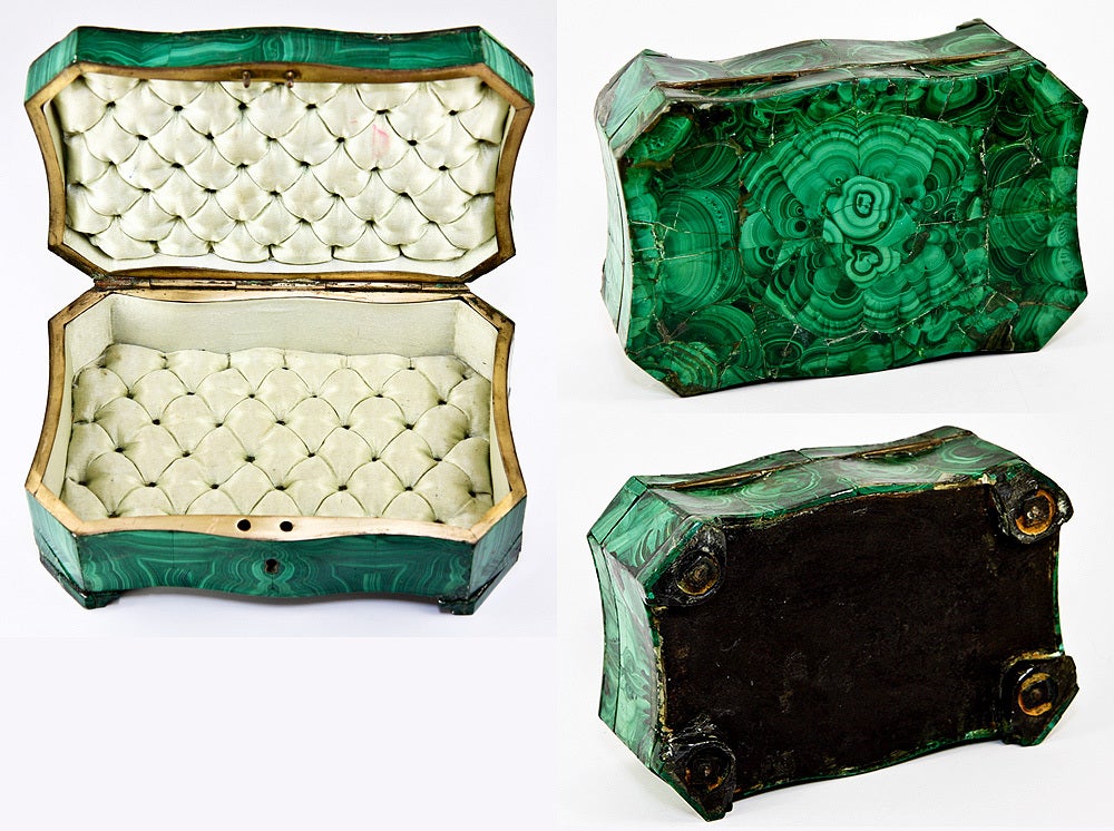 19th Century Antique Russian Malachite Pietra Dure Jewelry Box, Casket, Box