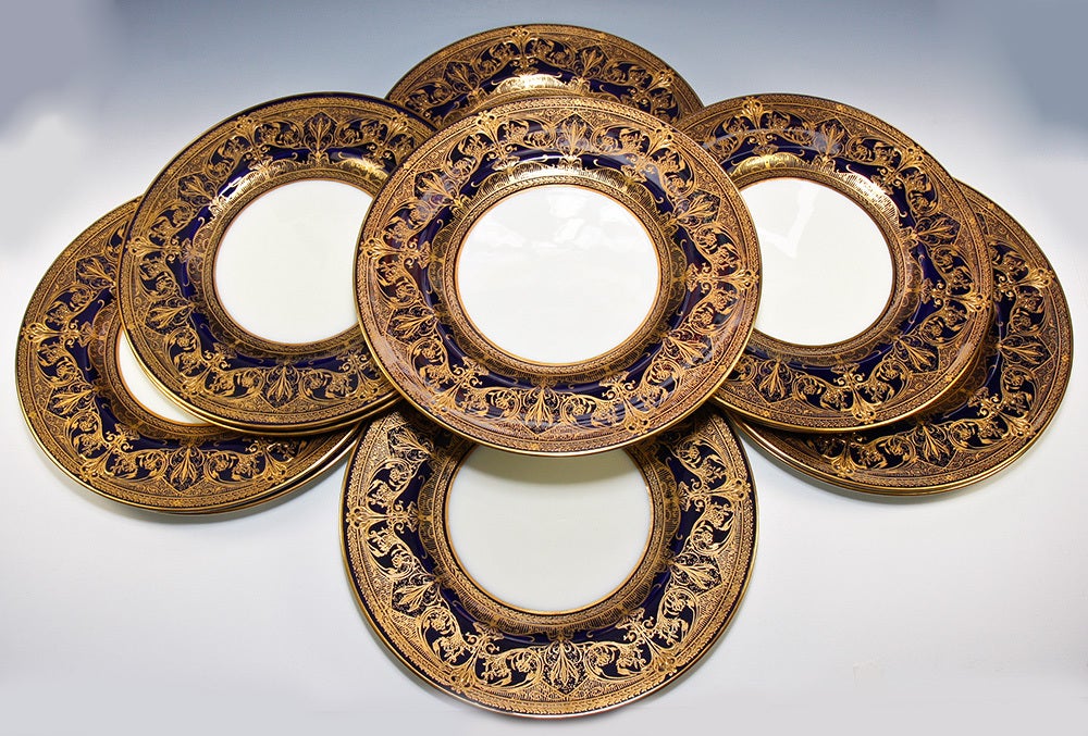 The mark used dates these remarkably beautiful cobalt and raised gold plates to 1930. Royal Worcester is one of the finest names in English china, and the fact that we have a full set of 12, all in very good to ecellent condition tells us this set