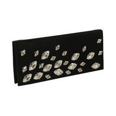 Judith Leiber Black Satin Clutch with Marquise Shaped Large Rhinestone