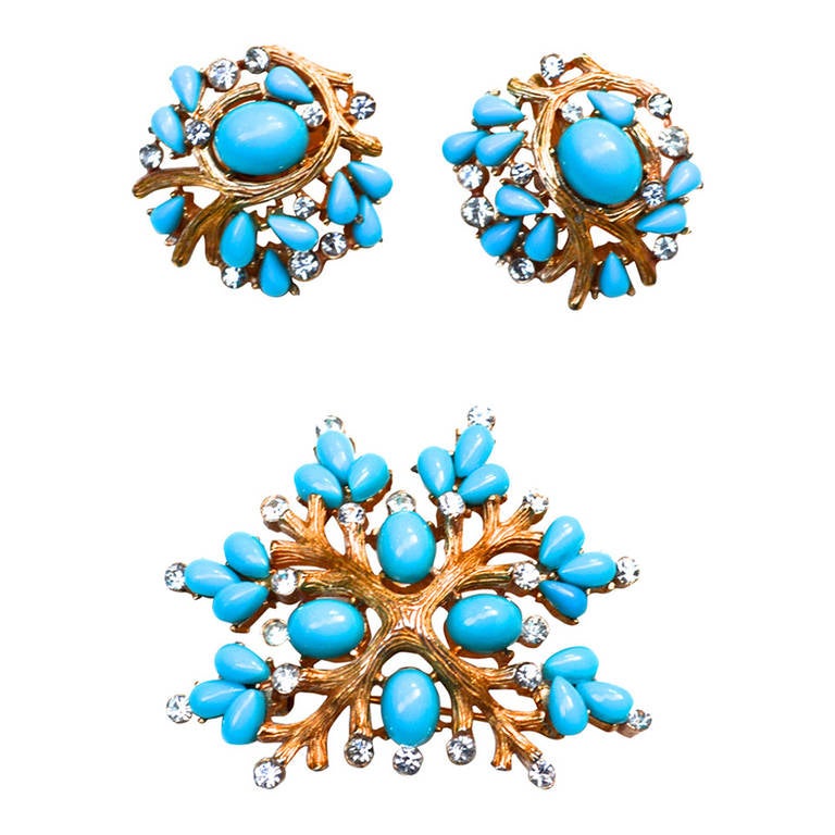 Trifari Turquoise Branch Set