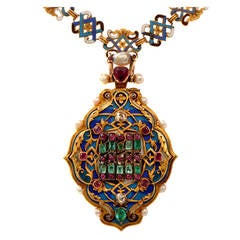 Rare Victorian Holbeinesque Gem Set Enamel Gold Pendant Locket Necklace