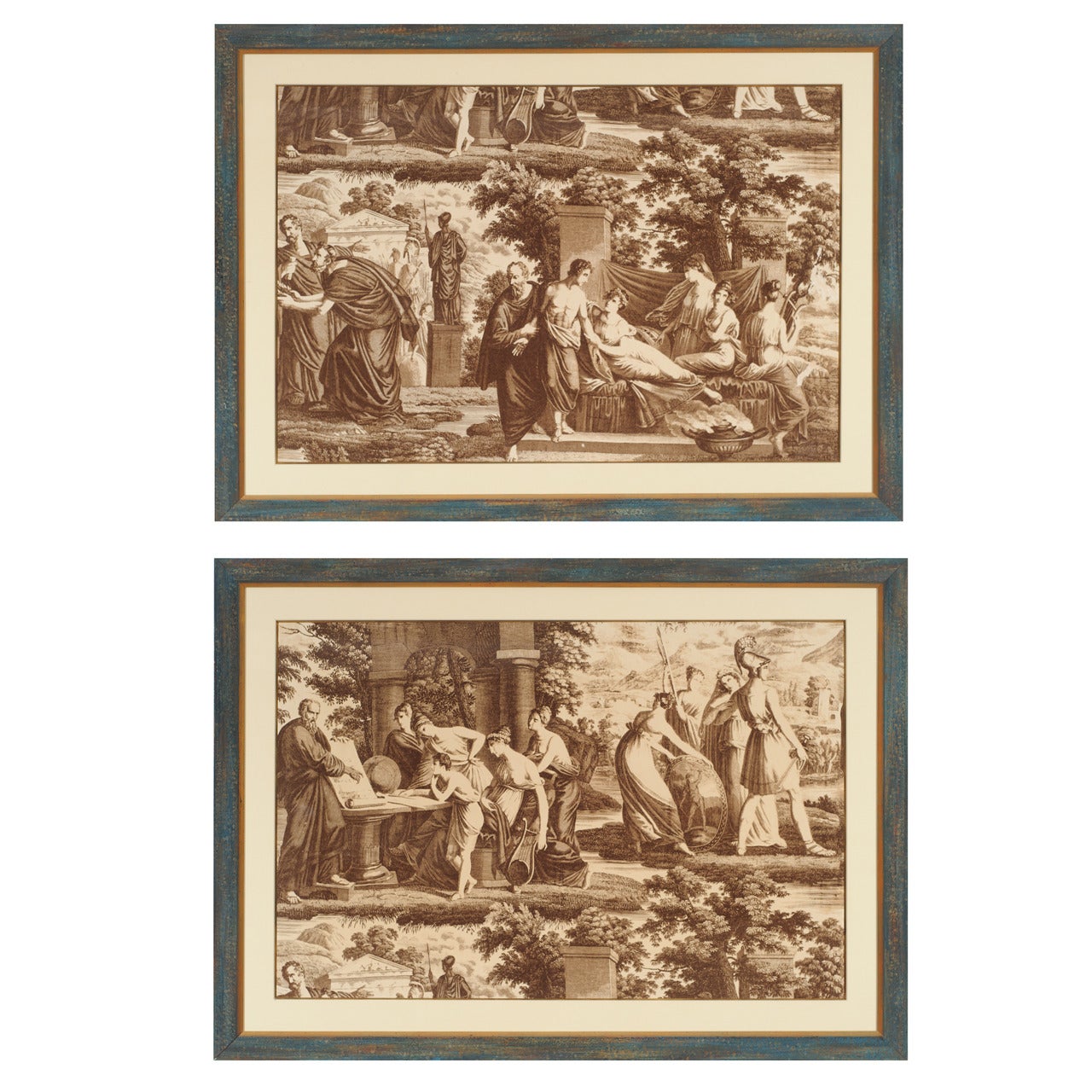 Pair of Neoclassical Scenes on Paper with Custom Colored with Gild Detail Frame For Sale