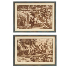 Antique Pair of Neoclassical Scenes on Paper with Custom Colored with Gild Detail Frame