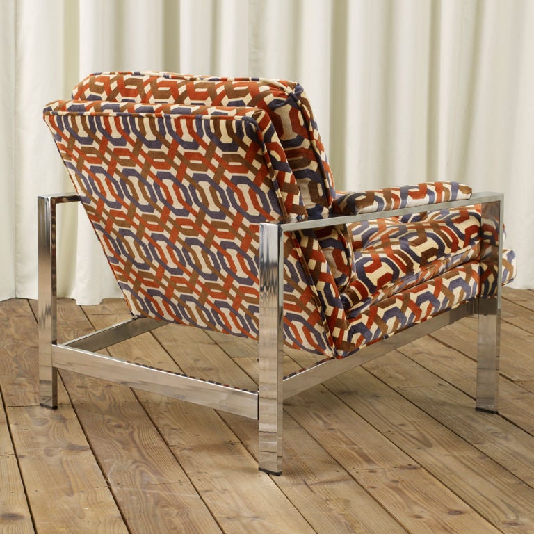 Club chair Milo Baughman designed with nickel frame.  Newly reupholstered in its original 70's fabric.