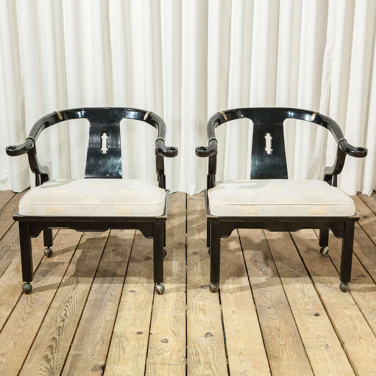 A pair of Chinoiserie Style ebonised chairs by century with original fabric.