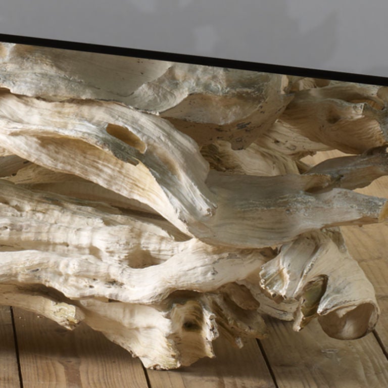 A large driftwood table base in white with new smoked glass top. 
Glass measurement 1500cm x 800cm