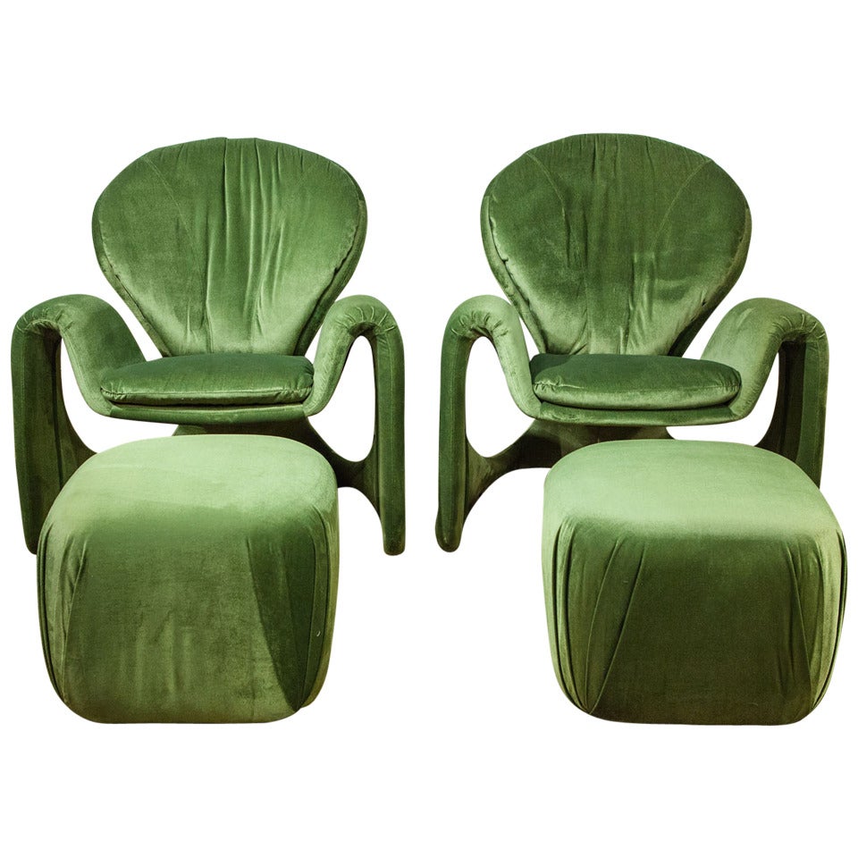 A Pair of Green Velvet Spider Chairs with matching Footstools. For Sale