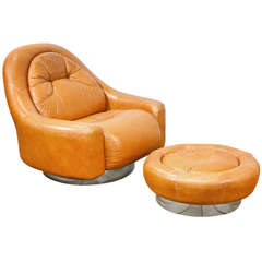 A Mariani for Pace Leather Oversized Armchair and Footstool