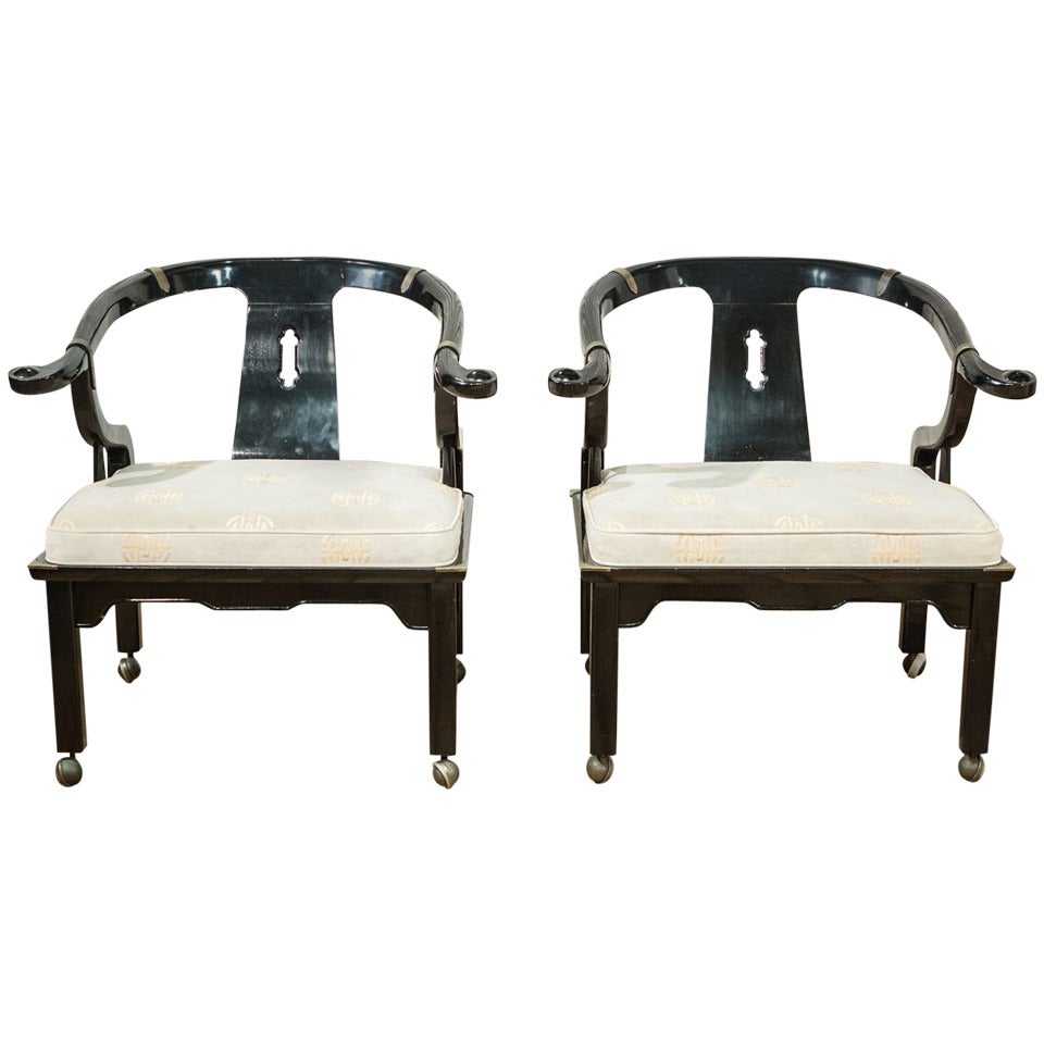 A Pair of Chinoiserie Style Ebonised Chairs by Century For Sale