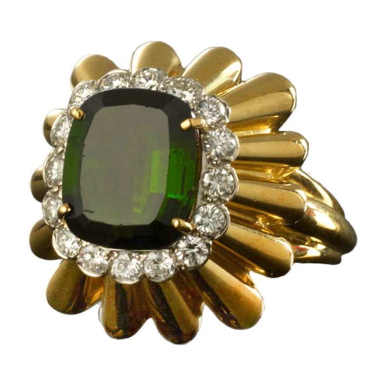 Stunning Yellow Gold, Diamond and Tourmaline Ring For Sale