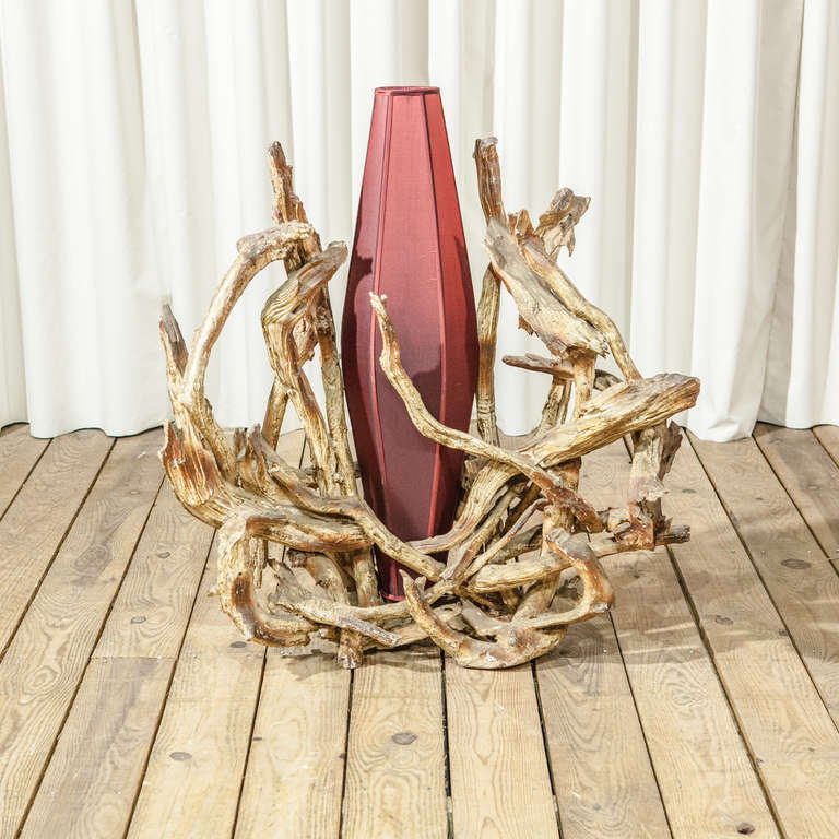 An Enormous Single Driftwood Table Lamp 1950s with Claret Red Shade