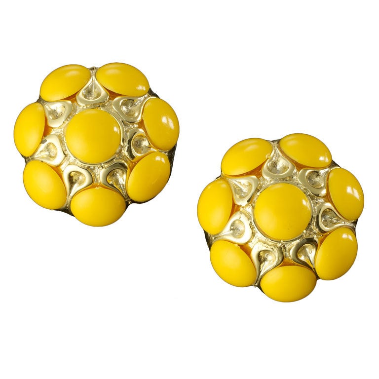 Pair of Yellow & Gold Large Flower Earrings For Sale