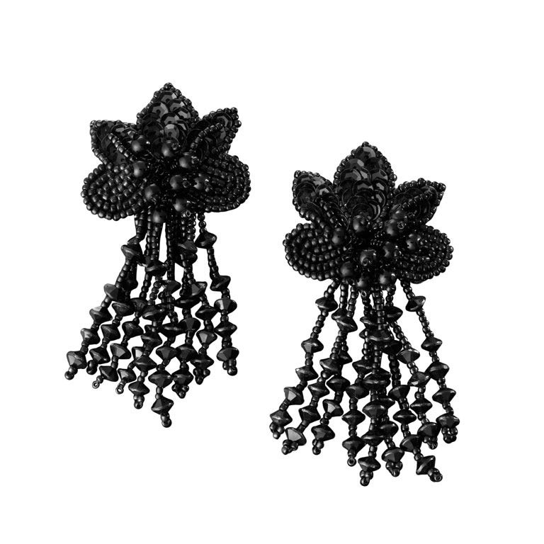 Black Beaded Flower With Drop Earrings For Sale