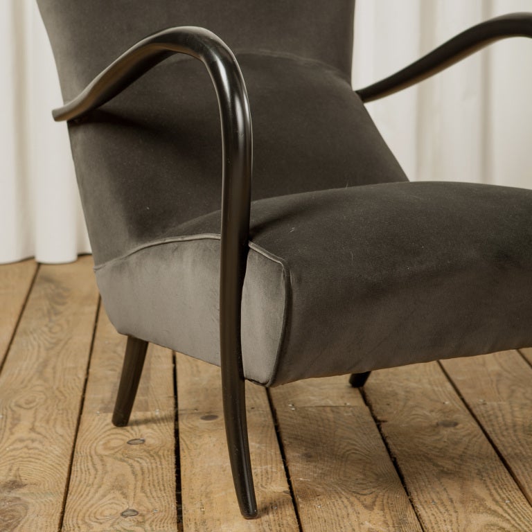 Supurb sculptural single club chair in the style of Thonet. 
A wonderful newly upholstered charcoal velvet with high gloss arms