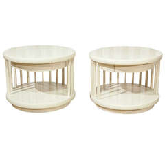 A Pair of Cream Lacquered Side Tables with Drawer Details