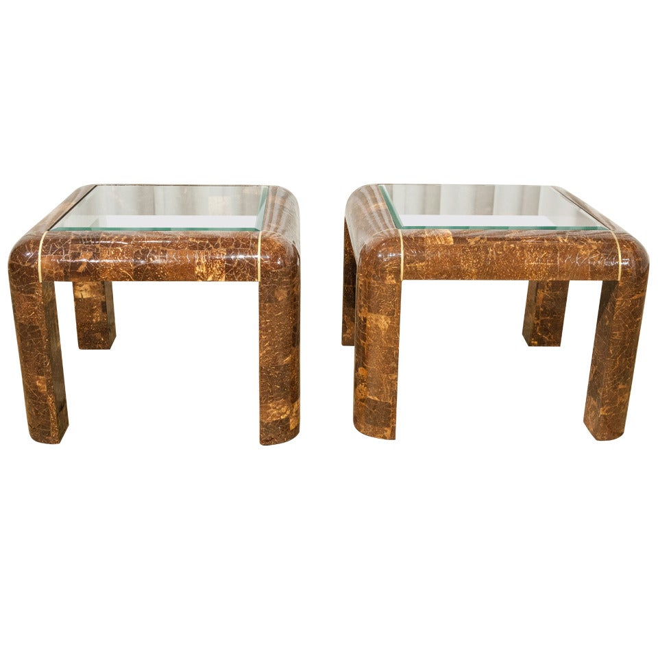 A Pair of Maitland Smith Coconut and Brass Side Tables For Sale