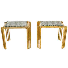 A Pair of Brass Side Tables with Geometric Detail and Marble Top