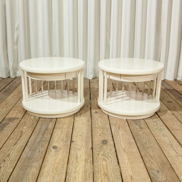 A Pair of Cream Lacquered Side Tables with Drawer Details